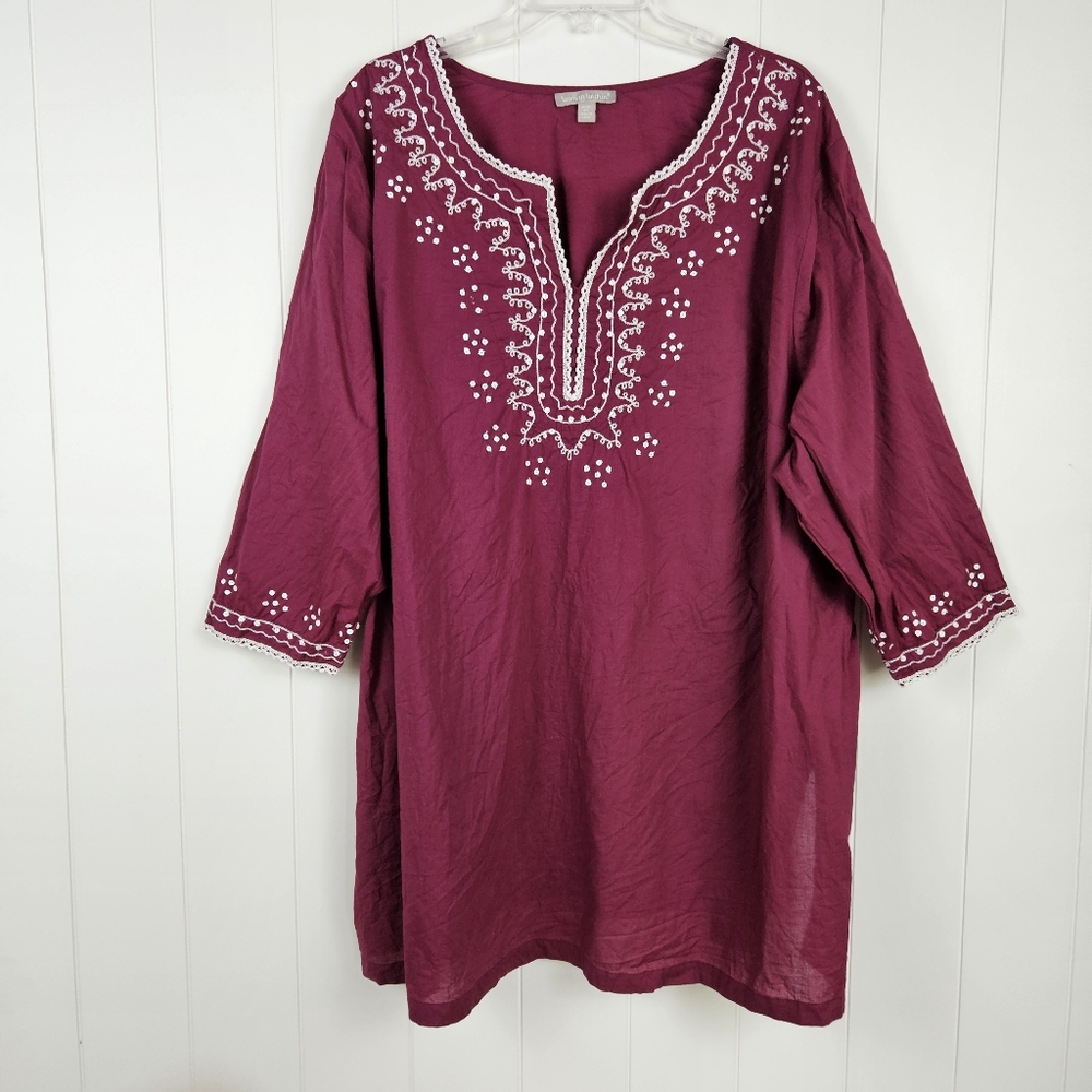 Woman Within Pink Tunic Pullover Embroidered Sequin Split Neck 3/4 Sleeve 3x